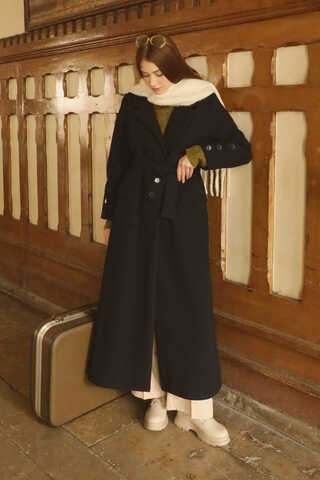 Düğmeli Klasik Kaban Lacivert - 6