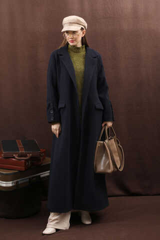 Düğmeli Klasik Kaban Lacivert - 13