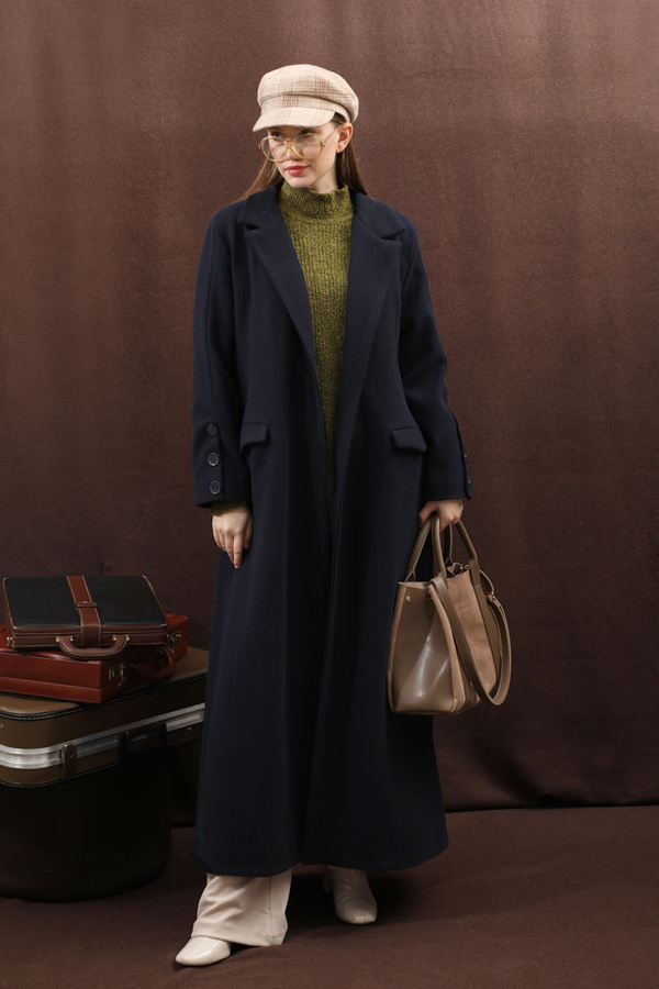 Düğmeli Klasik Kaban Lacivert - 13