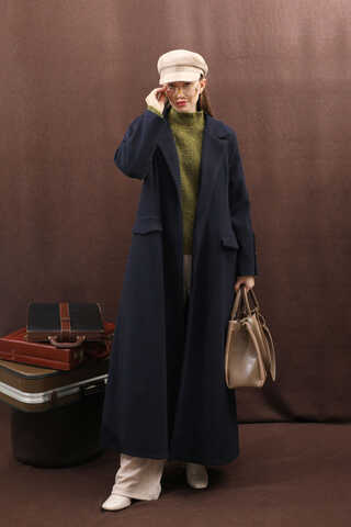 Düğmeli Klasik Kaban Lacivert - 14