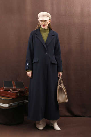 Düğmeli Klasik Kaban Lacivert - 15