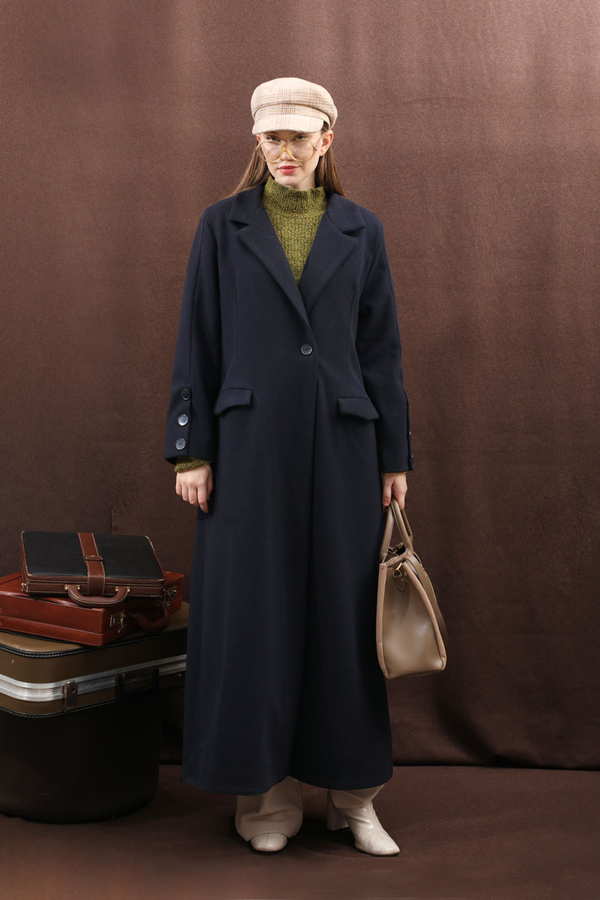 Düğmeli Klasik Kaban Lacivert - 15