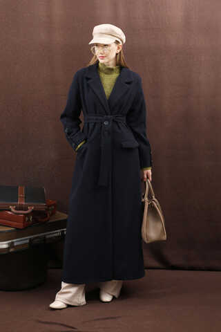 Düğmeli Klasik Kaban Lacivert - 16