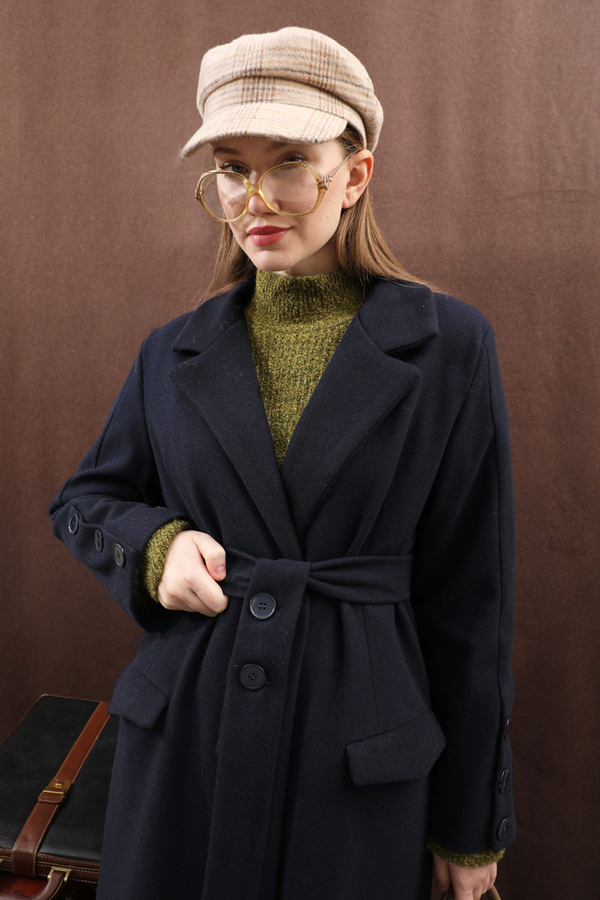 Düğmeli Klasik Kaban Lacivert - 19