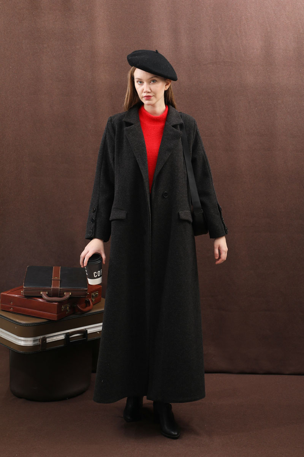 Düğmeli Klasik Kaban Siyah - 10