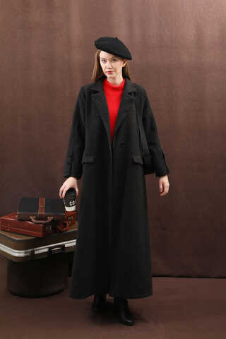 Düğmeli Klasik Kaban Siyah - 10