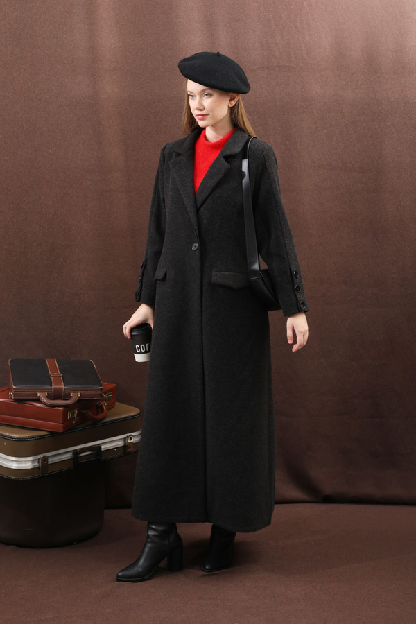 Düğmeli Klasik Kaban Siyah - 11