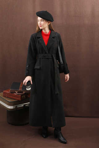 Düğmeli Klasik Kaban Siyah - 12