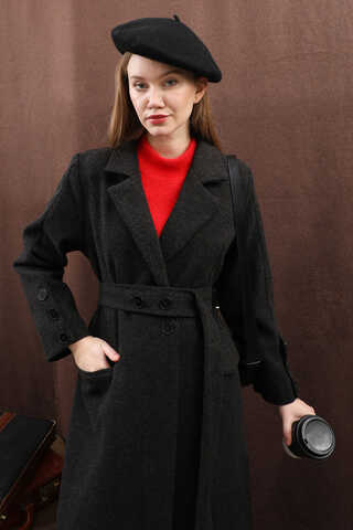 Düğmeli Klasik Kaban Siyah - 14