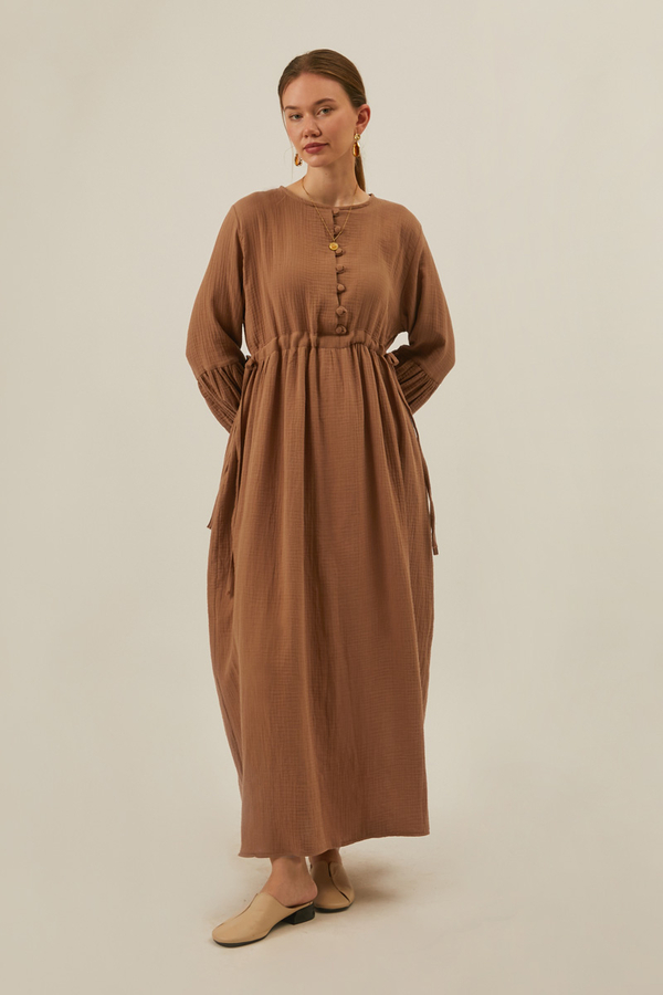 Düğmeli Müslin Elbise Açık Taba - 2