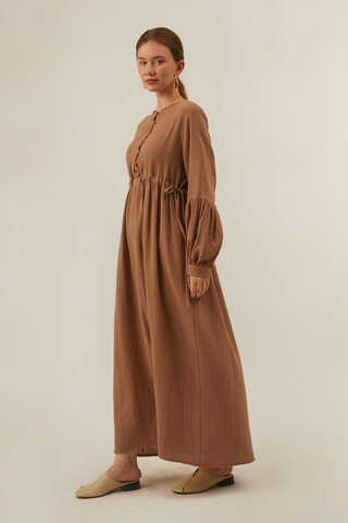 Düğmeli Müslin Elbise Açık Taba - 3