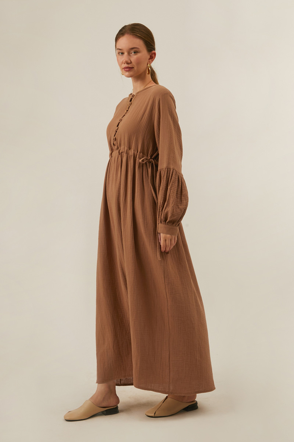 Düğmeli Müslin Elbise Açık Taba - 3