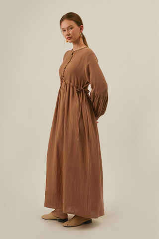 Düğmeli Müslin Elbise Açık Taba - 4