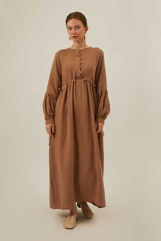 Düğmeli Müslin Elbise Açık Taba - 9