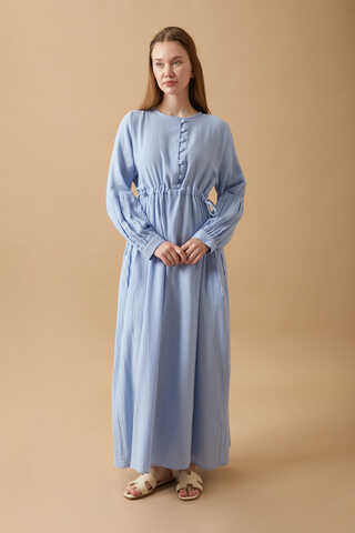 Düğmeli Müslin Elbise Bebe Mavisi - 4