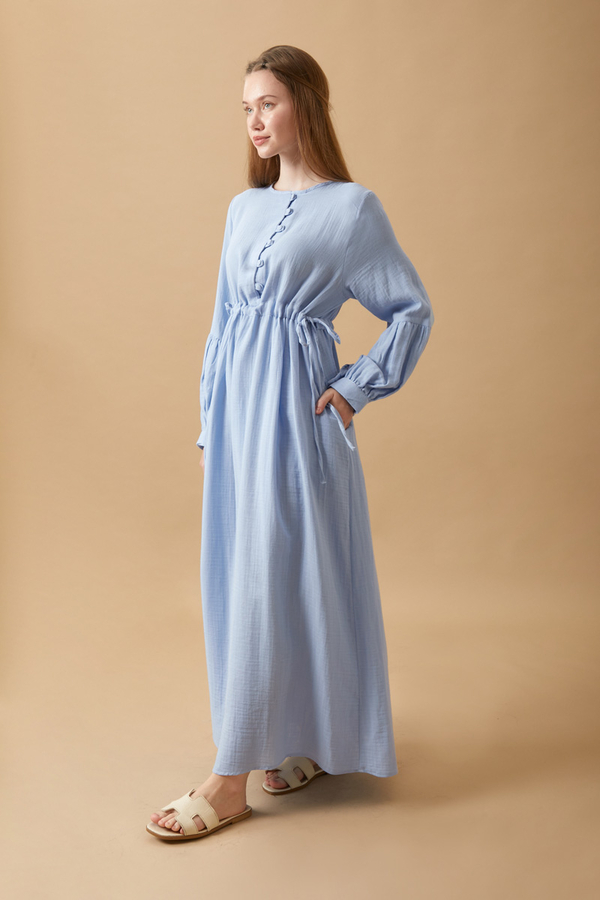 Düğmeli Müslin Elbise Bebe Mavisi - 7