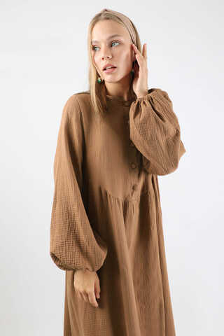 Robası Düğmeli Müslin Elbise Camel - 2