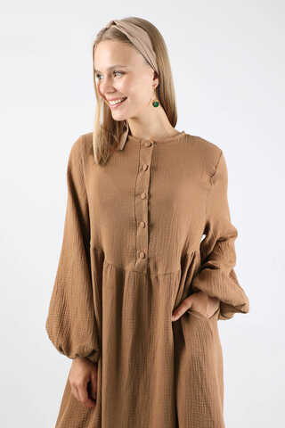 Robası Düğmeli Müslin Elbise Camel - 4