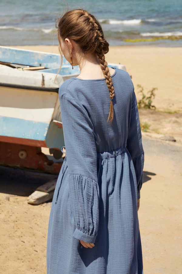 Düğmeli Müslin Elbise İndigo - 9