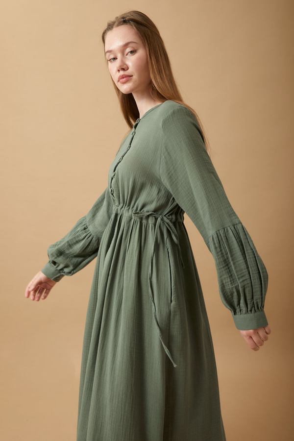 Düğmeli Müslin Elbise Koyu Mint - 13