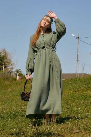 Düğmeli Müslin Elbise Koyu Mint - 2