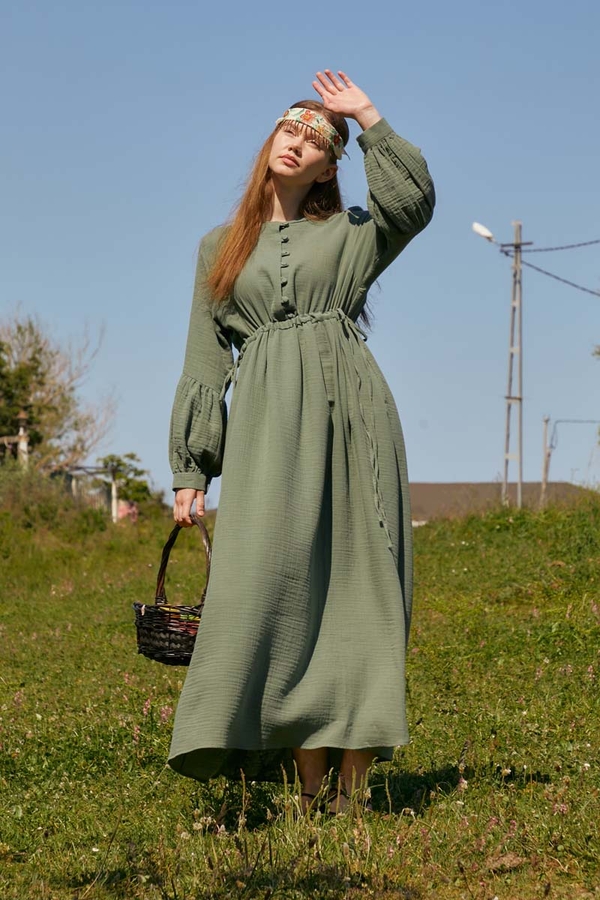 Düğmeli Müslin Elbise Koyu Mint - 2