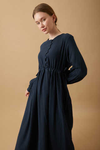 Düğmeli Müslin Elbise Lacivert - 5