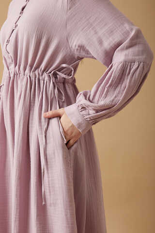 Düğmeli Müslin Elbise Lila - 6