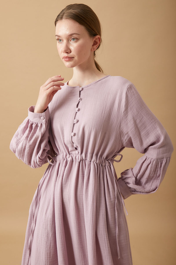 Düğmeli Müslin Elbise Lila - 2