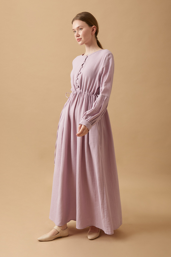 Düğmeli Müslin Elbise Lila - 3