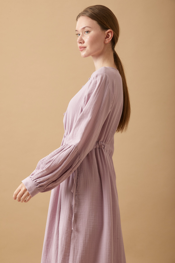 Düğmeli Müslin Elbise Lila - 8