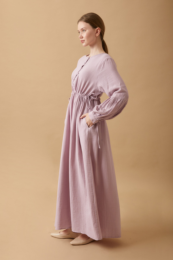 Düğmeli Müslin Elbise Lila - 9