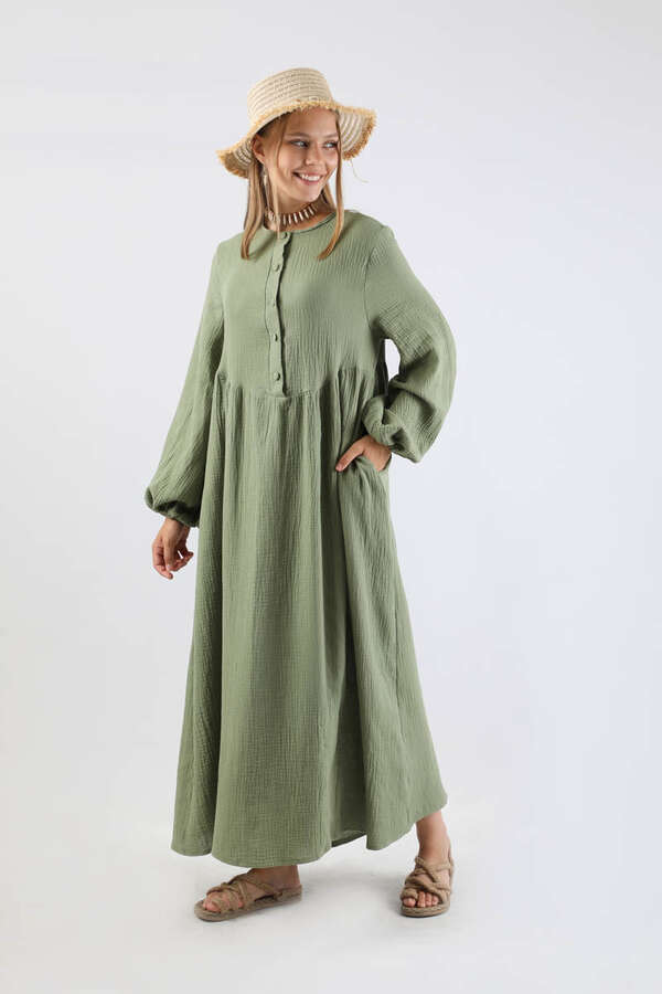Robası Düğmeli Müslin Elbise Mint - 1