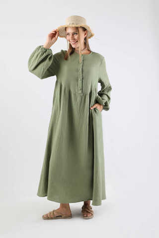 Robası Düğmeli Müslin Elbise Mint - 3