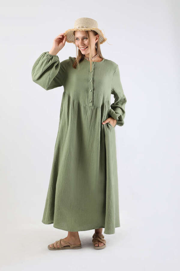 Robası Düğmeli Müslin Elbise Mint - 3