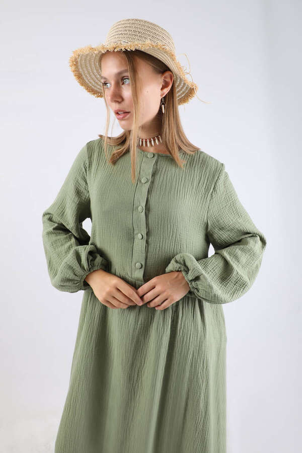 Robası Düğmeli Müslin Elbise Mint - 4