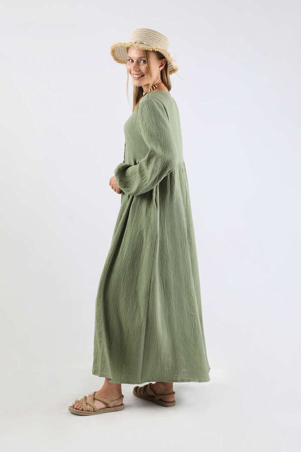 Robası Düğmeli Müslin Elbise Mint - 5