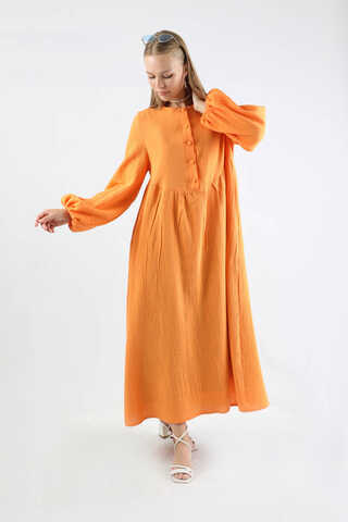 Robası Düğmeli Müslin Elbise Oranj - 3