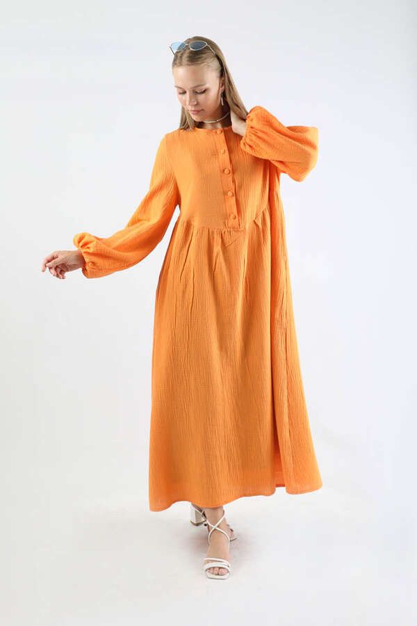 Robası Düğmeli Müslin Elbise Oranj - 3