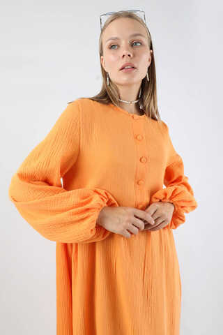 Robası Düğmeli Müslin Elbise Oranj - 2