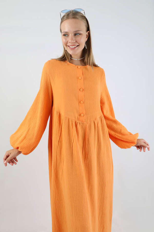 Robası Düğmeli Müslin Elbise Oranj - 4