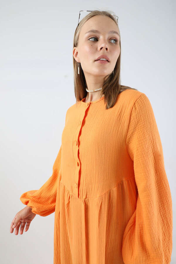 Robası Düğmeli Müslin Elbise Oranj - 5