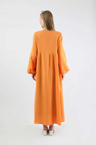 Robası Düğmeli Müslin Elbise Oranj - 6