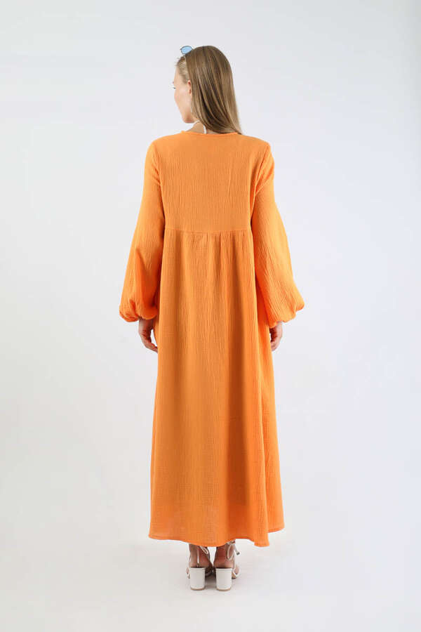 Robası Düğmeli Müslin Elbise Oranj - 6