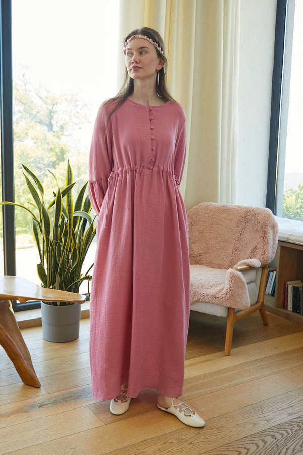 Düğmeli Müslin Elbise Pembe - 6