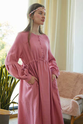 Düğmeli Müslin Elbise Pembe - 7