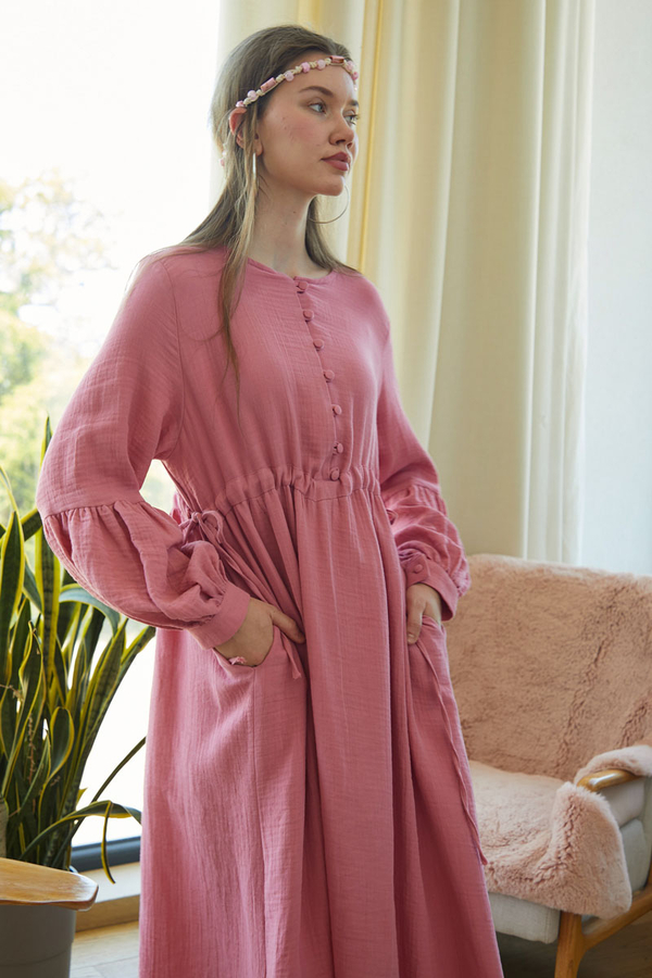 Düğmeli Müslin Elbise Pembe - 7