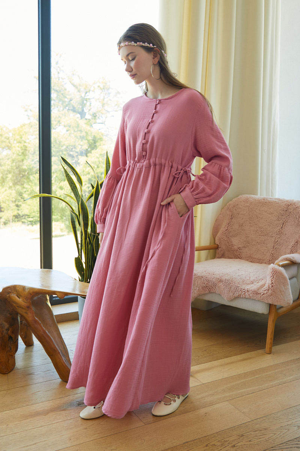 Düğmeli Müslin Elbise Pembe - 8
