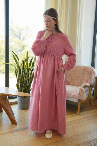 Düğmeli Müslin Elbise Pembe - 5