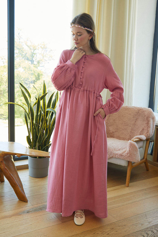 Düğmeli Müslin Elbise Pembe - 5